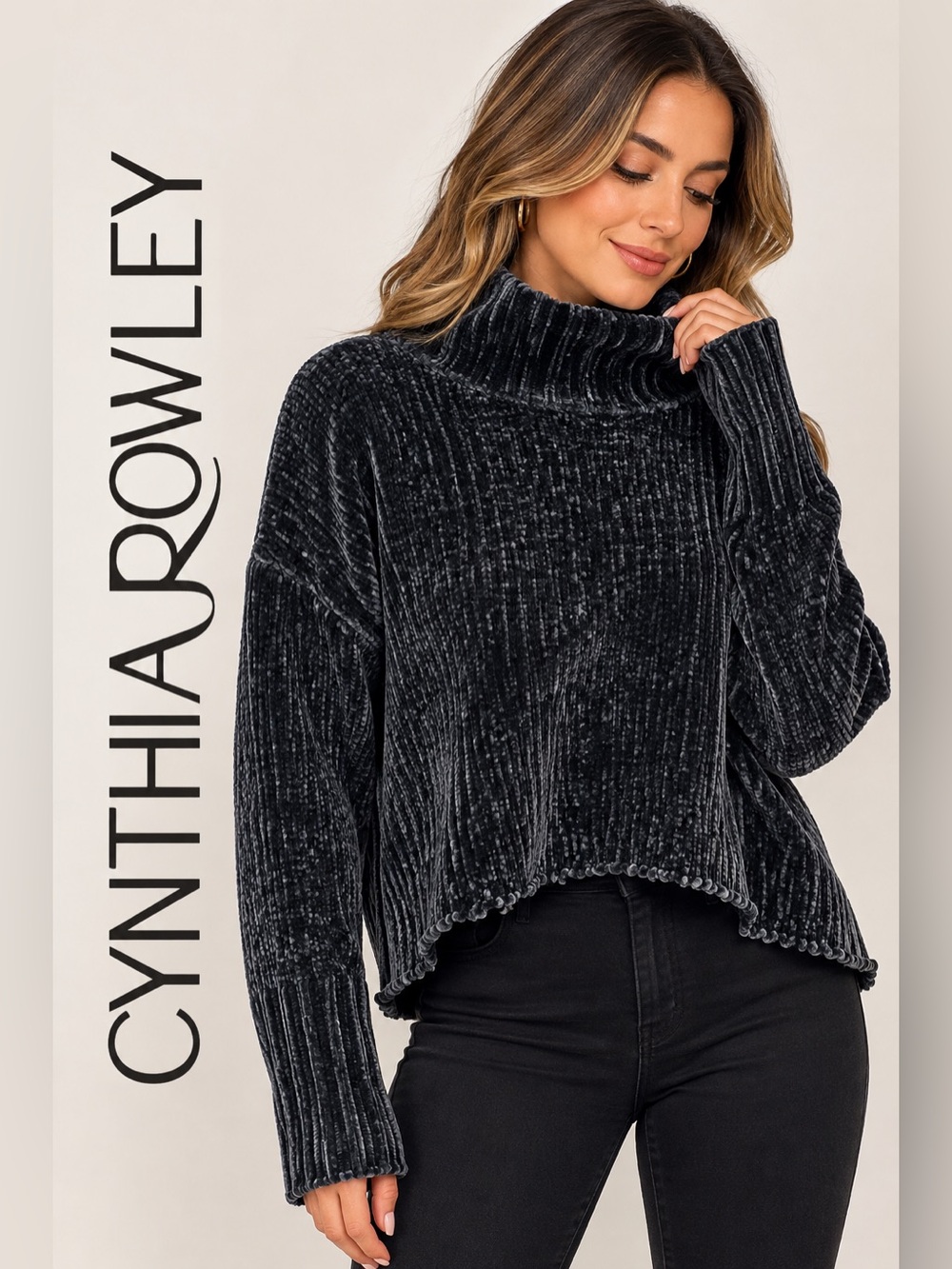 Cynthia Rowley Chenille Turtleneck Cropped Sweater Black Size M
